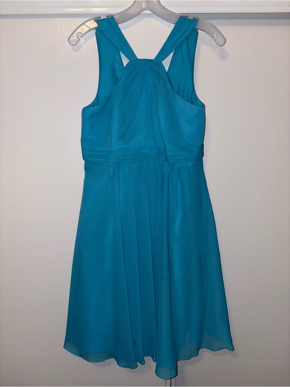 Aqua Blue Sleeveless David’s Bridal Cutout Back Dress